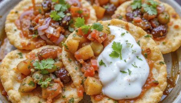 Close-up shot of Aloo Tikki Chaat, a popular Indian street food, topped with yogurt and fresh cilantro, perfect for food photography, AI generated