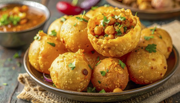A close-up shot showcases a plate of Pani Puri, a popular Indian street food, filled with chickpeas and served with a side of soup, AI generated
