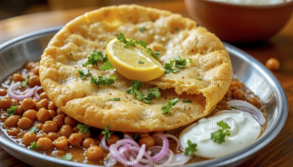 A close-up shot showcases a plate of Chole Bhature, a popular North Indian dish, with chickpeas, fried bread, and yogurt, AI generated