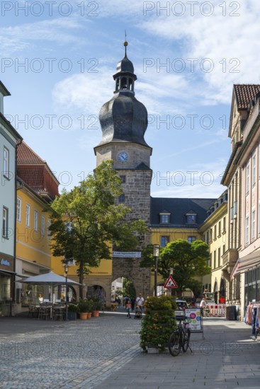Pedestrian zone, stony path, Spitaltor, historic town gate, Coburg, Upper Franconia, Franconia, Bavaria, Germany