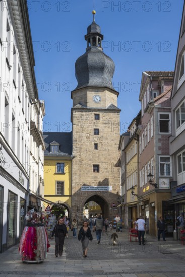 Pedestrian zone, Spitalgasse, Spitaltor, historic town gate, Coburg, Upper Franconia, Franconia, Bavaria, Germany