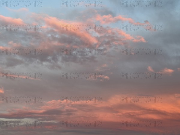 Reddish evening sky with altocumulus clouds above altocumulus clouds stratocumulus clouds below stratocumulus clouds cloud bank in the sunset, international
