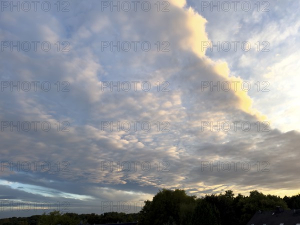Cloud front with grey stratocumulus below right left and bright altocumulus clouds above Altocumulus clouds Cluster layer clouds under blue sky Evening sky shortly in front of dusk over treetops of forest edge of mixed forest, international