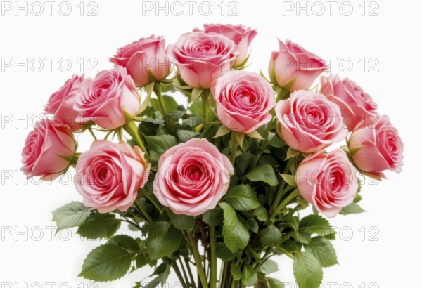 This image showcases a stunning arrangement of pink roses, their delicate petals fully bloomed. The vibrant green leaves provide a lovely contrast, AI generated