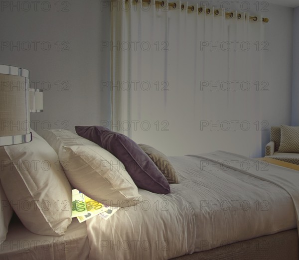Symbolic image, putting money under your pillow, fantasy hiding places, freezer, shoe cupboard, laundry basket, bank, security, saving safe deposit box costs, negative interest, risk of fire, burglary, theft, flooding, safe purchase, insurance loss