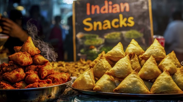 A vibrant image showcasing a street food stall in India, featuring a variety of delicious snacks, including samosas and other fried treats, AI generated