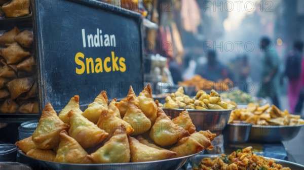 A vibrant shot of various Indian snacks, including samosas, displayed at a bustling street food stall, inviting customers, AI generated