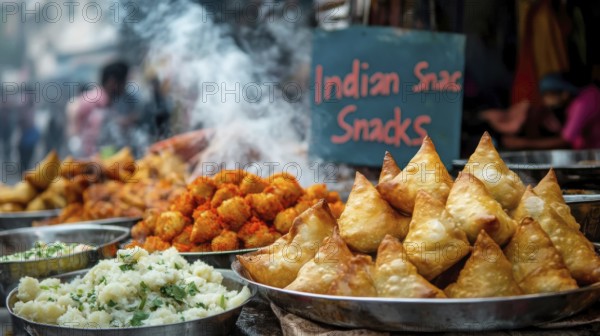 A vibrant street food stall offers a variety of Indian snacks, including golden samosas and other savory treats, with steam rising, AI generated