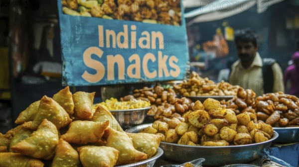A vibrant street food stall showcases an array of delicious Indian snacks, including samosas and fried potatoes, inviting passersby to indulge in the flavorful offerings, AI generated