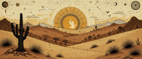 An artistic illustration depicts a desert landscape at sunset, featuring cacti, mountains, and stylized celestial elements, AI generated