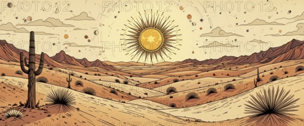 An illustration of a desert scene featuring a large sun, mountains, and a saguaro cactus under a cloudy sky. The artwork has a vintage, cartoonish style, AI generated
