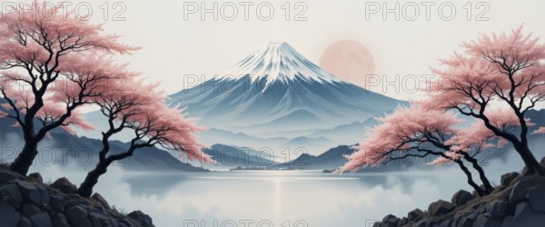 A serene view of Mount Fuji framed by cherry blossom trees, reflected in a tranquil lake, with a soft sunset, AI generated