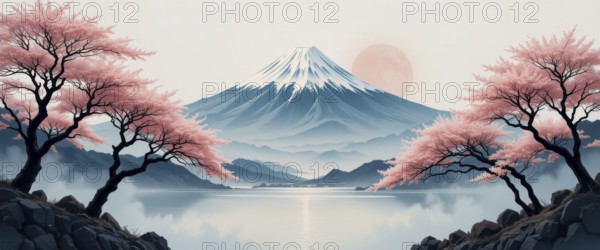 A stunning landscape painting captures Mount Fuji, framed by blooming cherry blossom trees, reflecting in a calm lake under a soft sunset glow, AI generated