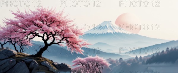 A stunning landscape captures the serene beauty of Japan, with vibrant cherry blossoms in full bloom against the backdrop of the iconic Mount Fuji and a soft sunrise, AI generated