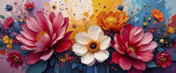 A stunning display of various flowers in full bloom, set against a backdrop of vivid colors, creating a lively and artistic composition, AI generated