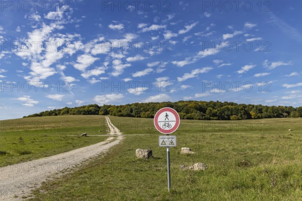 Danger to life from unexploded ordnance in the Swabian Alb biosphere reserve. Landscape of the Alb in autumn. An important component is the former military training area in Münsingen, which is located in the centre of the reserve. The 85, 270-hectare biosphere reserve was established by the state of Baden-Württemberg in 2008. It has been a UNESCO biosphere reserve since 2009. Münsingen, Baden-Württemberg, Germany