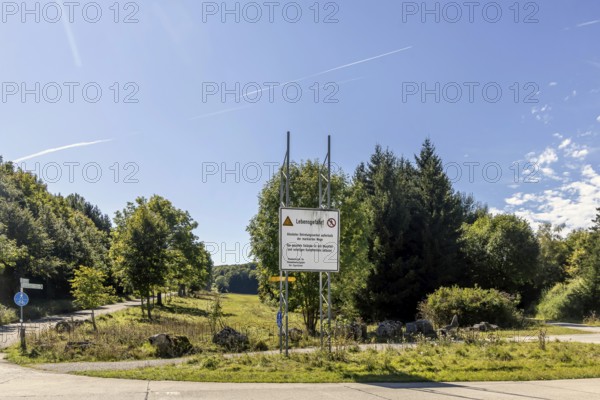 Danger to life from unexploded ordnance in the Swabian Alb biosphere reserve. Landscape of the Alb in autumn. An important component is the former military training area in Münsingen, which is located in the centre of the reserve. The 85, 270-hectare biosphere reserve was established by the state of Baden-Württemberg in 2008. It has been a UNESCO biosphere reserve since 2009. Münsingen, Baden-Württemberg, Germany