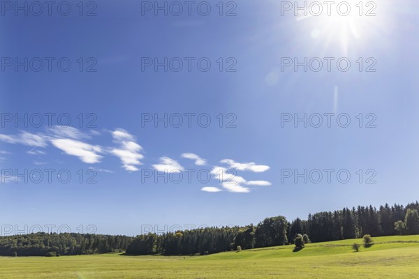 Pristine landscape in the Swabian Alb biosphere reserve with blue skies and small clouds. The former Münsingen military training area is an important part of the 85, 270-hectare nature reserve. It was established by the state of Baden-Württemberg in 2008. It has been a UNESCO biosphere reserve since 2009. Münsingen, Baden-Württemberg, Germany