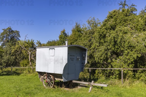 Historic shepherd's cart of the travelling shepherds on the Swabian Alb in Gruorn. Gruorn is a deserted village near Münsingen in the Swabian Alb. The former village has been part of the newly established Swabian Alb biosphere reserve since 2008. Münsingen, Baden-Württemberg, Germany