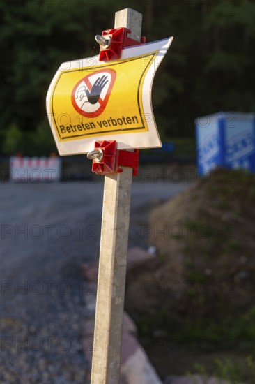 A warning sign with no trespassing on a construction site, Hermann Hessebahn construction site, Calw, Germany