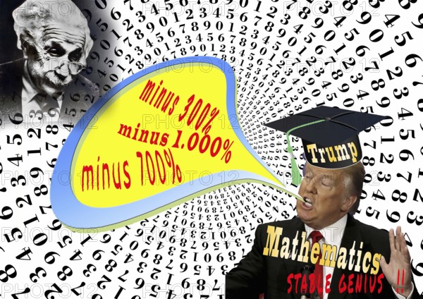 Symbolic image, Trump as an arithmetic genius, Prices reduced by hundreds of per cent, Stupidity as a form of government, Governing by decree, No more United States, Democracy versus autocracy, Donald Trump sees himself as a ruler above the law, US democracy in danger, Political blackmail, EU and Germany under political pressure, industry, tariff threats, Elon Musk, Mark Zuckerberg, social networks, fake news, rights broken, hate, hate speech, DSG Digital Services Act, re-election, USA, politics, announcements, vendetta, wanted dictator, Republicans, US electoral system, global threat, lies, 2nd term, global burden, Ukraine, US democracy in danger, Donald Trump term, global burden, Ukrainian war, White House storm