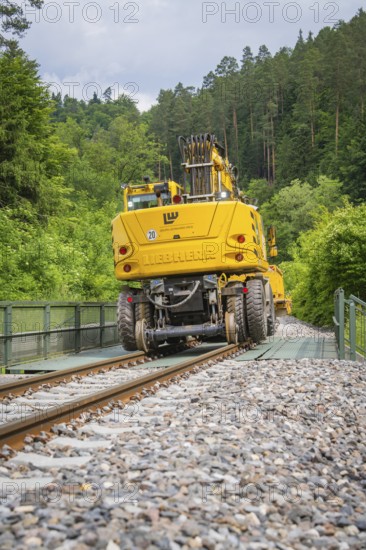 Yellow railway vehicle crossing a bridge in a wooded area, construction of the Hermann Hesse Railway, Calw, Black Forest, Germany