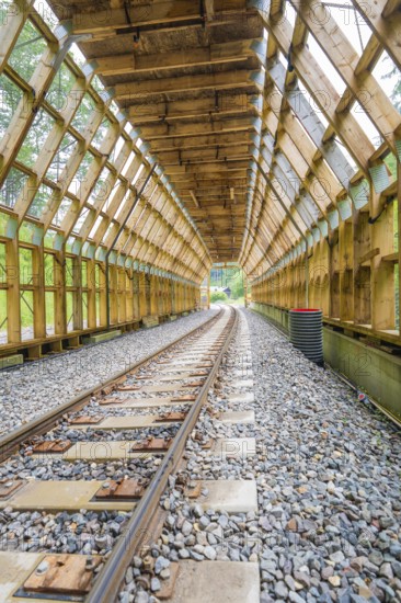 Empty wooden tunnel with view of green landscape through the transparent area, construction of the Hermann Hesse railway, Calw, Black Forest, Germany