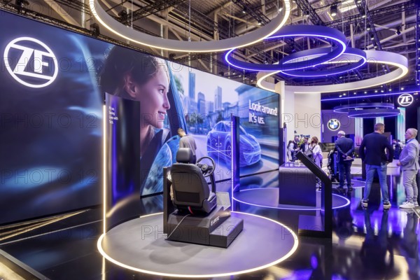 Exhibition stand of the automotive supplier ZF. IAA MOBILITY in Munich. The motor show presents itself as a holistic mobility trade fair. Cars continue to take centre stage, however, and Chinese manufacturers are gaining ground. Munich, Bavaria, Germany