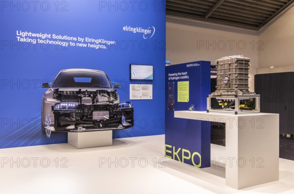 Exhibition stand of the automotive supplier Elringklinger. IAA MOBILITY in Munich. The motor show presents itself as a holistic mobility trade fair. Cars continue to take centre stage, however, and Chinese manufacturers are gaining ground. Munich, Bavaria, Germany