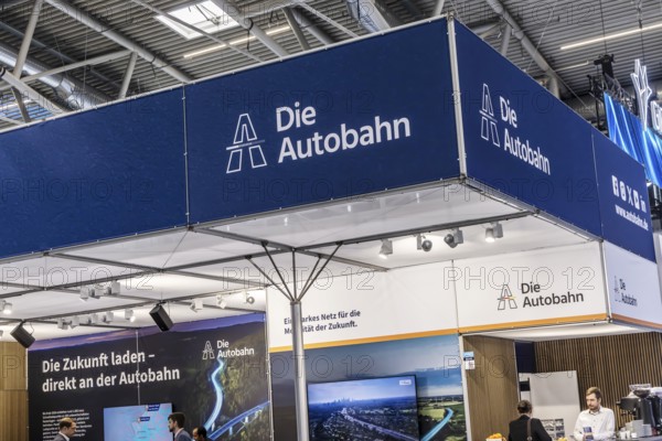 Exhibition stand Die Autobahn GmbH des Bundes. Logo and word mark. IAA MOBILITY in Munich. The motor show presents itself as a holistic mobility trade fair. Cars continue to take centre stage, however, and Chinese manufacturers are gaining ground. Munich, Bavaria, Germany