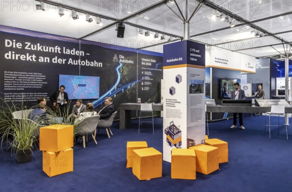 Exhibition stand Die Autobahn GmbH des Bundes. Logo and word mark. IAA MOBILITY in Munich. The motor show presents itself as a holistic mobility trade fair. Cars continue to take centre stage, however, and Chinese manufacturers are gaining ground. Munich, Bavaria, Germany