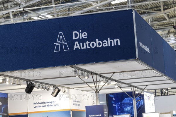 Exhibition stand Die Autobahn GmbH des Bundes. Logo and word mark. IAA MOBILITY in Munich. The motor show presents itself as a holistic mobility trade fair. Cars continue to take centre stage, however, and Chinese manufacturers are gaining ground. Munich, Bavaria, Germany