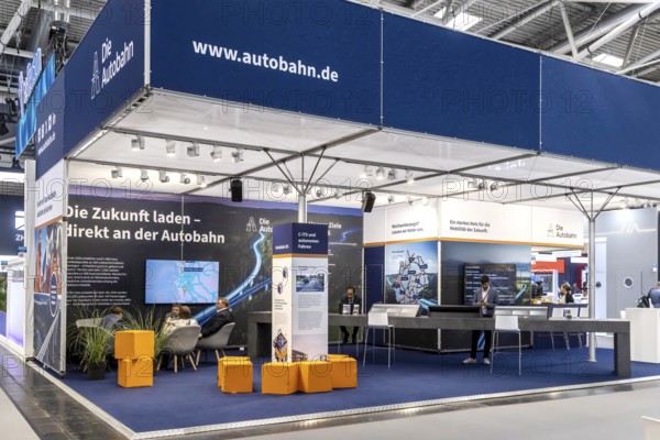 Exhibition stand Die Autobahn GmbH des Bundes. Logo and word mark. IAA MOBILITY in Munich. The motor show presents itself as a holistic mobility trade fair. Cars continue to take centre stage, however, and Chinese manufacturers are gaining ground. Munich, Bavaria, Germany