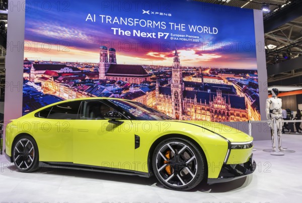 XPeng exhibition stand. With the XPeng P7, the Chinese are targeting sporty drivers. IAA MOBILITY in Munich. The motor show presents itself as a holistic mobility trade fair. Cars continue to take centre stage, however, and Chinese manufacturers are gaining ground. Munich, Bavaria, Germany
