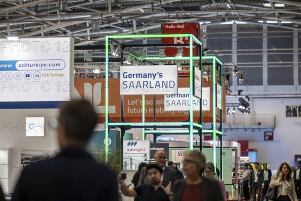 IAA MOBILITY in Munich. Exhibition stand of the federal state of Saarland. The motor show presents itself as a holistic mobility trade fair. Cars continue to take centre stage, however, with Chinese manufacturers gaining ground. Munich, Bavaria, Germany