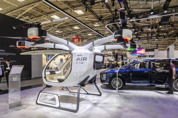 Exhibition stand of the Chinese manufacturer GAC, Guangzhou Automobile Group. Govy air taxi. Model Hyptec HL. IAA MOBILITY in Munich. The motor show presents itself as a holistic mobility trade fair. Cars continue to take centre stage, however, and Chinese manufacturers are gaining ground. Munich, Bavaria, Germany