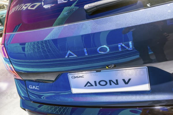 Exhibition stand of the Chinese manufacturer GAC, Guangzhou Automobile Group. Model Aion V. IAA MOBILITY in Munich. The motor show presents itself as a holistic mobility trade fair. Cars continue to take centre stage, however, and Chinese manufacturers are gaining ground. Munich, Bavaria, Germany