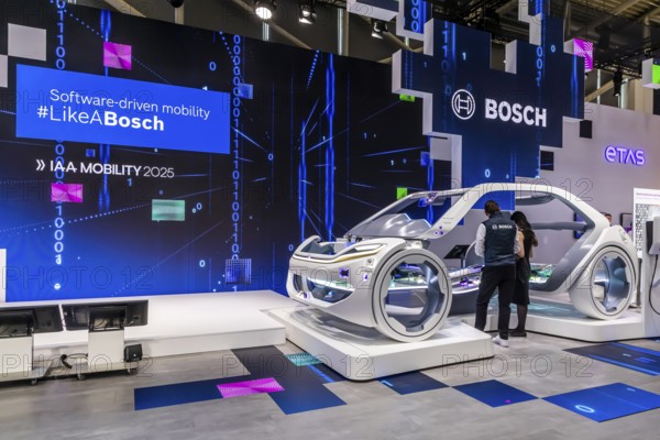 Exhibition stand of Bosch Automotive. IAA MOBILITY in Munich. The motor show presents itself as a holistic mobility trade fair. Cars continue to take centre stage, however, and Chinese manufacturers are gaining ground. Munich, Bavaria, Germany
