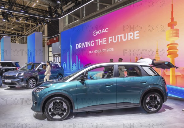 Exhibition stand of the Chinese manufacturer GAC, Guangzhou Automobile Group. Model Aion UT. IAA MOBILITY in Munich. The motor show presents itself as a holistic mobility trade fair. Cars continue to take centre stage, however, and Chinese manufacturers are gaining ground. Munich, Bavaria, Germany