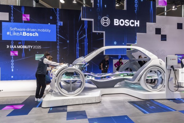 Exhibition stand of Bosch Automotive. IAA MOBILITY in Munich. The motor show presents itself as a holistic mobility trade fair. Cars continue to take centre stage, however, and Chinese manufacturers are gaining ground. Munich, Bavaria, Germany