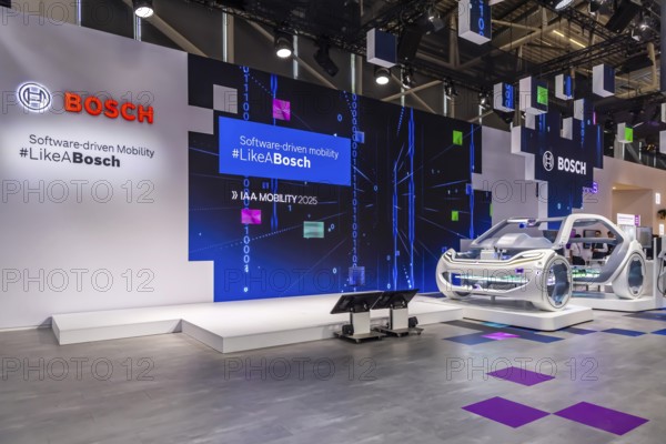 Exhibition stand of Bosch Automotive. IAA MOBILITY in Munich. The motor show presents itself as a holistic mobility trade fair. Cars continue to take centre stage, however, and Chinese manufacturers are gaining ground. Munich, Bavaria, Germany