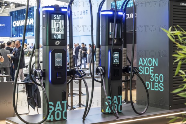Axon SAT 400 charging station. IAA MOBILITY in Munich. The motor show presents itself as a holistic mobility trade fair. Cars continue to take centre stage, however, and Chinese manufacturers are gaining ground. Munich, Bavaria, Germany