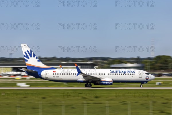 Stuttgart Airport with aircraft on the runway. Aircraft registration number: TC-SEP, SunExpress, Boeing 737-800, Stuttgart, Baden-Württemberg, Germany