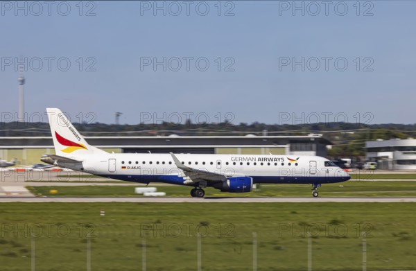 Stuttgart Airport with aircraft on the runway. Aircraft registration number: D-AKJC, German Airways, Embraer ERJ-190, Stuttgart, Baden-Württemberg, Germany