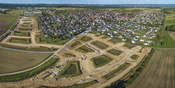 Development work for the new building area in the municipality of Mötzingen. 175 building plots are planned in the Röte II and III development areas, mainly for detached houses. Drone photo. Mötzingen, Baden-Württemberg, Germany