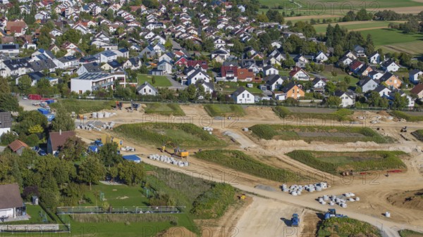 Development work for the new building area in the municipality of Mötzingen. 175 building plots are planned in the Röte II and III development areas, mainly for detached houses. Drone photo. Mötzingen, Baden-Württemberg, Germany