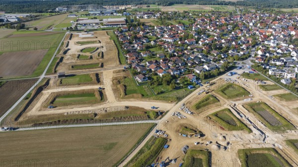 Development work for the new building area in the municipality of Mötzingen. 175 building plots are planned in the Röte II and III development areas, mainly for detached houses. Drone photo. Mötzingen, Baden-Württemberg, Germany