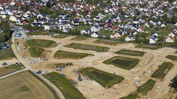 Development work for the new building area in the municipality of Mötzingen. 175 building plots are planned in the Röte II and III development areas, mainly for detached houses. Drone photo. Mötzingen, Baden-Württemberg, Germany