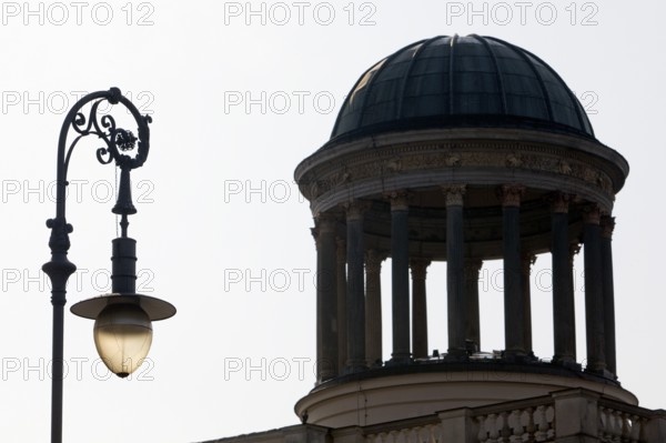 Old gas lantern and dome of the Stüler building backlit, Spandauer Damm, Charlottenburg, Berlin, Germany