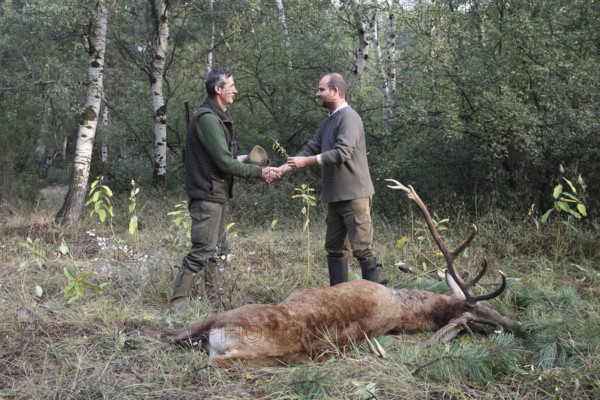 Red deer (Cervus elaphus) killed during the rut, 12 years old, hunter on the left, receives the kill from the hunting guide, tradition, Western Hungary, Hungary, Allgäu, Bavaria, Germany